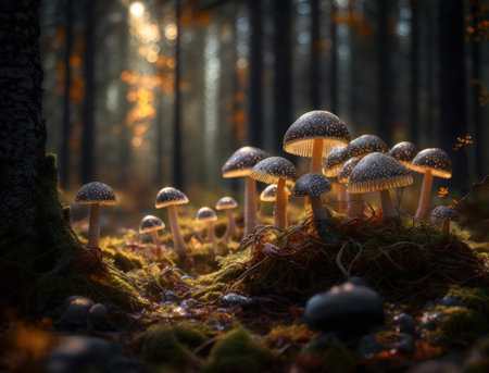 Fantasy mushroom landscape in the forest created with Generative AI technologyの素材