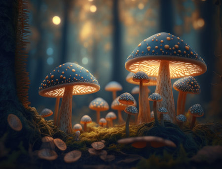 Fantasy mushroom landscape in the forest created with Generative AI technologyの素材