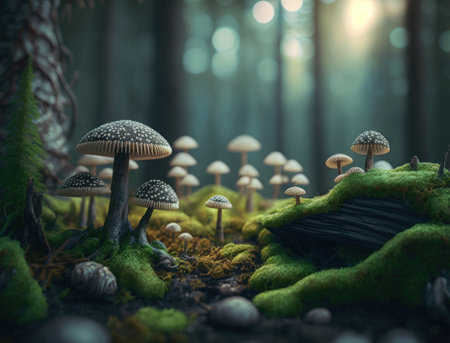 Fantasy mushroom landscape in the forest created with Generative AI technologyの素材