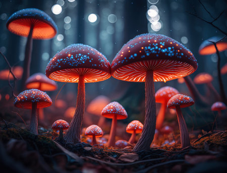 Fantasy mushroom landscape in the forest created with Generative AI technologyの素材