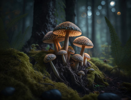 Fantasy mushroom landscape in the forest created with Generative AI technologyの素材