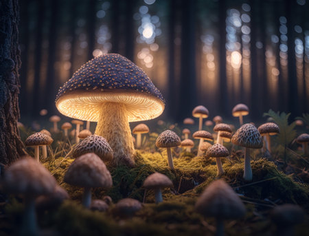 Fantasy mushroom landscape in the forest created with Generative AI technologyの素材