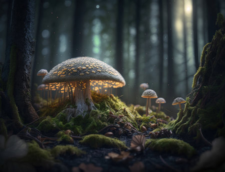 Fantasy mushroom landscape in the forest created with Generative AI technologyの素材