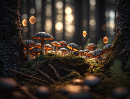 Fantasy mushroom landscape in the forest created with Generative AI technologyの素材