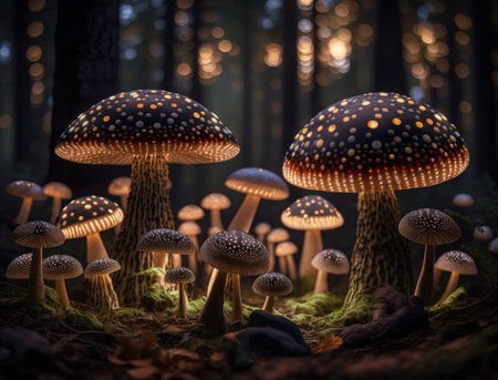 Fantasy mushroom landscape in the forest created with Generative AI technologyの素材