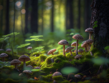 Fantasy mushroom landscape in the forest created with Generative AI technologyの素材