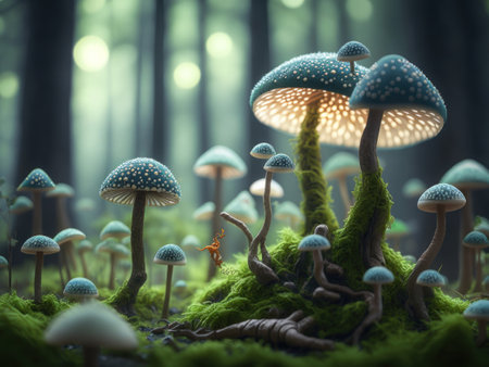 Fantasy mushroom landscape in the forest created with Generative AI technologyの素材
