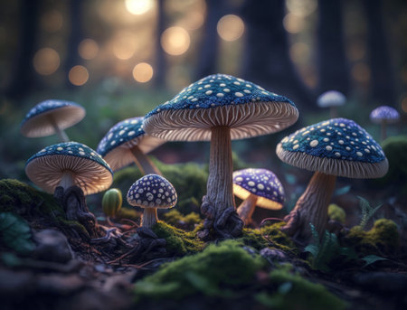 Fantasy mushroom landscape in the forest created with Generative AI technologyの素材