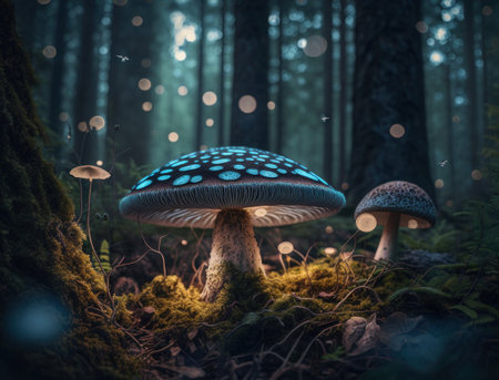 Fantasy mushroom landscape in the forest created with Generative AI technologyの素材