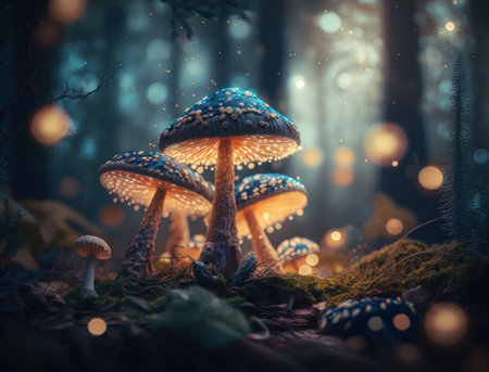Fantasy mushroom landscape in the forest created with Generative AI technologyの素材