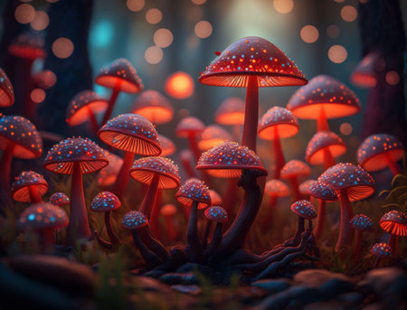 Fantasy mushroom landscape in the forest created with Generative AI technologyの素材