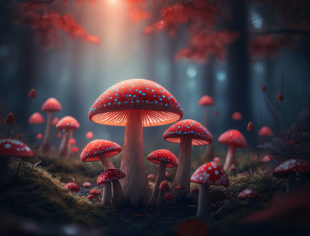 Fantasy mushroom landscape in the forest created with Generative AI technologyの素材