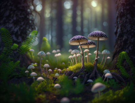 Fantasy mushroom landscape in the forest created with Generative AI technologyの素材