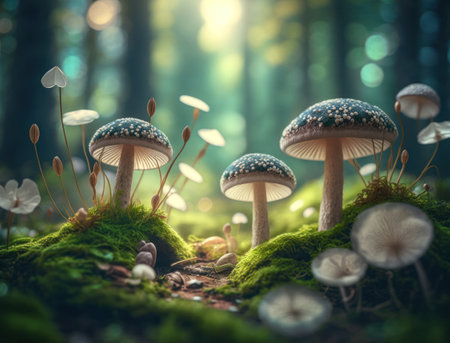 Fantasy mushroom landscape in the forest created with Generative AI technologyの素材