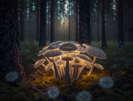 Fantasy mushroom landscape in the forest created with Generative AI technologyの素材