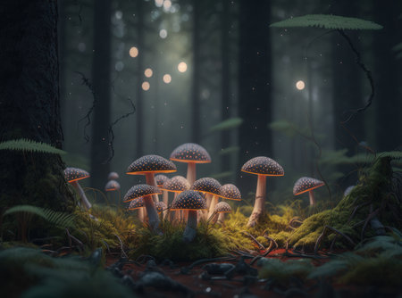 Fantasy mushroom landscape in the forest created with Generative AI technologyの素材