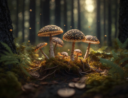 Fantasy mushroom landscape in the forest created with Generative AI technologyの素材