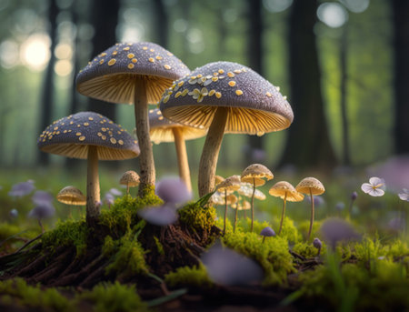 Fantasy mushroom landscape in the forest created with Generative AI technologyの素材
