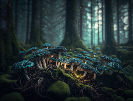 Fantasy mushroom landscape in the forest created with Generative AI technologyの素材