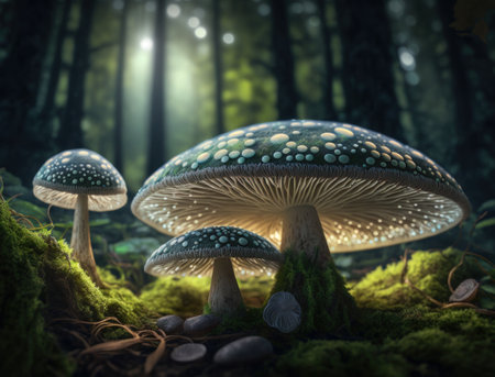 Fantasy mushroom landscape in the forest created with Generative AI technologyの素材