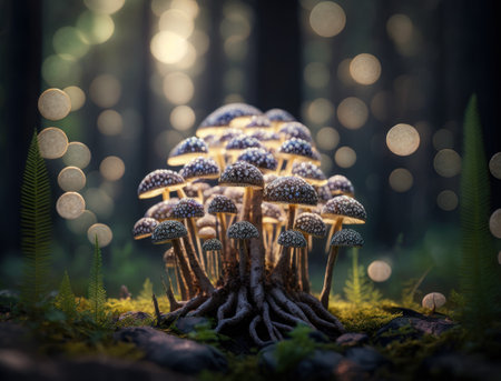 Fantasy mushroom landscape in the forest created with Generative AI technologyの素材