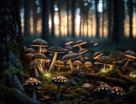 Fantasy mushroom landscape in the forest created with Generative AI technologyの素材