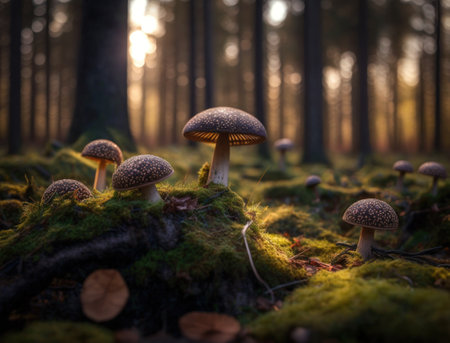 Fantasy mushroom landscape in the forest created with Generative AI technologyの素材