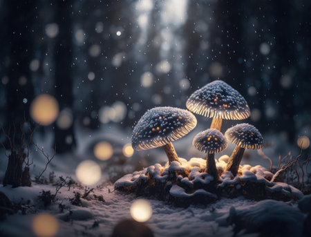 Fantasy mushroom landscape in the forest created with Generative AI technologyの素材