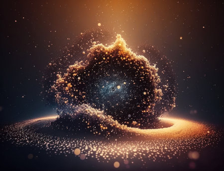 Dark blue, purple and gold glowing particle abstract background Blurry bokeh background with sparkles, particles and glitter created with Generative AI technologyの素材