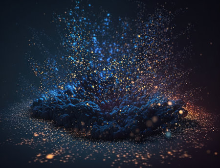 Dark blue and glow particle abstract background Blurry bokeh background with sparkles, particles and glitter created with Generative AI technologyの素材