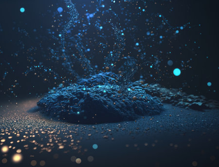 Dark blue and glow particle abstract background Blurry bokeh background with sparkles, particles and glitter created with Generative AI technologyの素材
