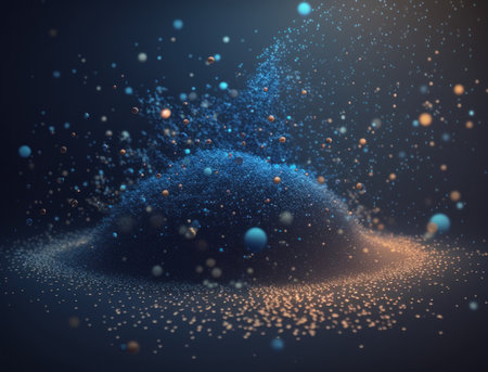 Dark blue and glow particle abstract background Blurry bokeh background with sparkles, particles and glitter created with Generative AI technologyの素材