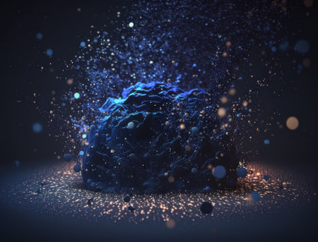 Dark blue and glow particle abstract background Blurry bokeh background with sparkles, particles and glitter created with Generative AI technologyの素材