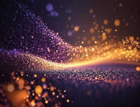 Dark blue, purple and gold glowing particle abstract background Blurry bokeh background with sparkles, particles and glitter created with Generative AI technologyの素材