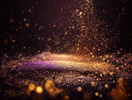 Dark blue, purple and gold glowing particle abstract background Blurry bokeh background with sparkles, particles and glitter created with Generative AI technologyの素材