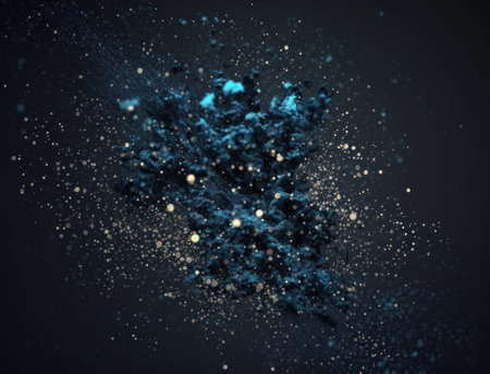 Dark blue and glow particle abstract background Blurry bokeh background with sparkles, particles and glitter created with Generative AI technologyの素材