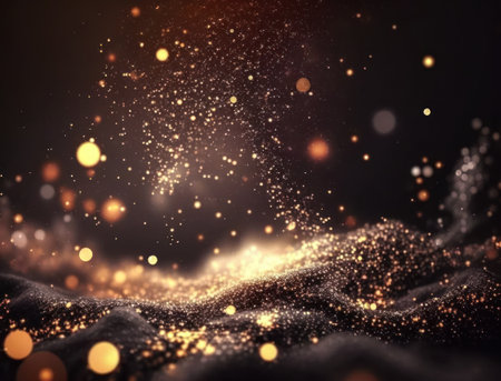 Dark blue, purple and gold glowing particle abstract background Blurry bokeh background with sparkles, particles and glitter created with Generative AI technologyの素材