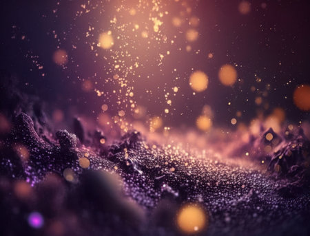 Dark blue, purple and gold glowing particle abstract background Blurry bokeh background with sparkles, particles and glitter created with Generative AI technologyの素材