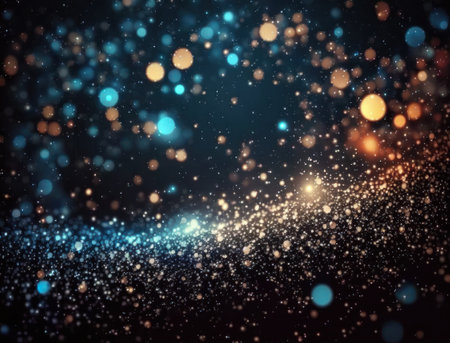 Dark blue, purple and gold glowing particle abstract background Blurry bokeh background with sparkles, particles and glitter created with Generative AI technologyの素材
