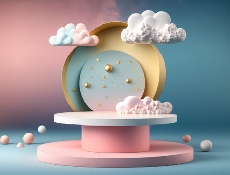 Round podium with clouds and circles created with Generative AI technologyの素材