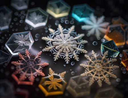 Colorful translucent snowflake on dark background created with Generative AI technologyの素材