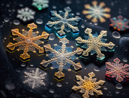 Colorful translucent snowflake on dark background created with Generative AI technologyの素材