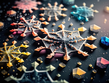 Colorful translucent snowflake on dark background created with Generative AI technologyの素材