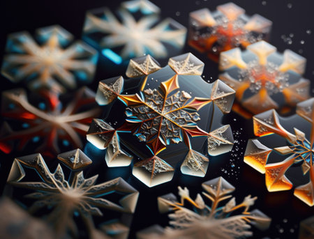 Colorful translucent snowflake on dark background created with Generative AI technologyの素材
