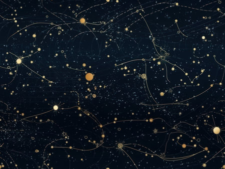 Starry sky space background seamless pattern in dark blue and green colors created with Generative AI technologyの素材