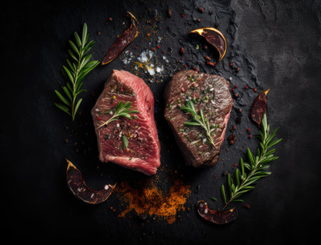 Top view of 2 Beef steak with spices created with Generative AI technologyの素材