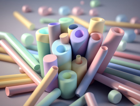 Digital abstract image with a chaotic composition and a vibrant color palette. The image is filled with swirling lines and shapes in shades of pink, purple, yellow, blue, black, and white. sticks in a glass. Created with Generative AI technologyの素材