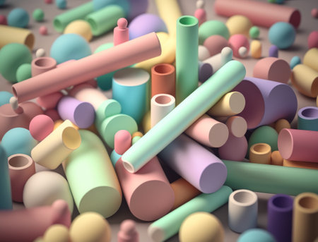 Digital abstract image with a chaotic composition and a vibrant color palette. The image is filled with swirling lines and shapes in shades of pink, purple, yellow, blue, black, and white. sticks in a glass. Created with Generative AI technologyの素材