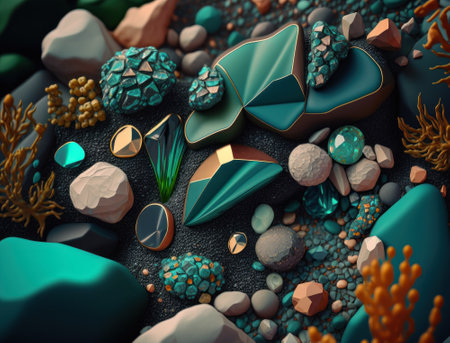 This abstract composition of layered geometric shapes in coral and malachite colors. bottom of the sea illustration. Created with Generative AI technologyの素材