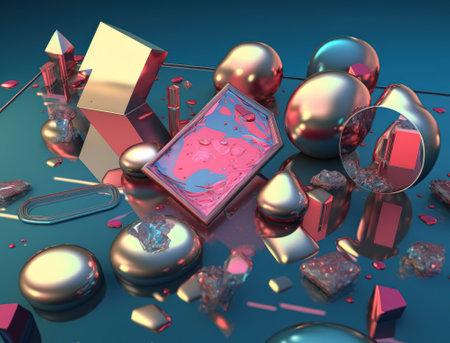 Vibrant pink and gold abstract composition of colorful circular shapes arranged in a grid pattern was created with Generative AI technologyの素材